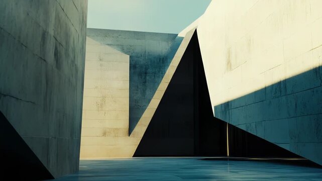 Architectural concrete forms casting sharp geometric shadows and reflections in a water pool under a clear sky, communicating modern design and urban minimalist aesthetics