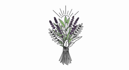 Delicate illustration of lavender and greenery tied with string, sun rays