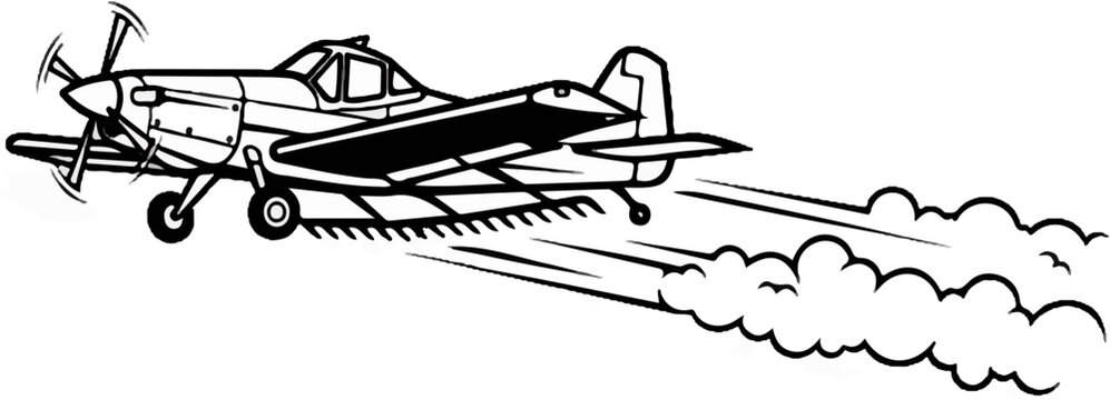 Crop duster aircraft spraying mist from its nozzles while in flight