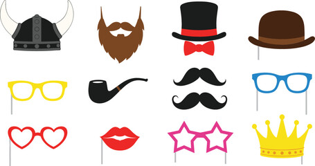 Set of colorful flat vector photo booth props with fun glasses mustaches masquerade masks and vampire fangs for party events and celebrations. © MdEmdadul