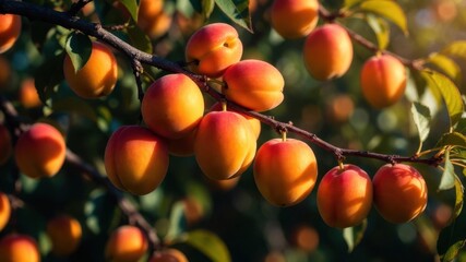 Ripe apricots on tree branch in sunlight, abundant fruit harvest.