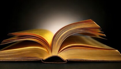 Fototapeta premium Open book with illuminated pages against a dark background.
