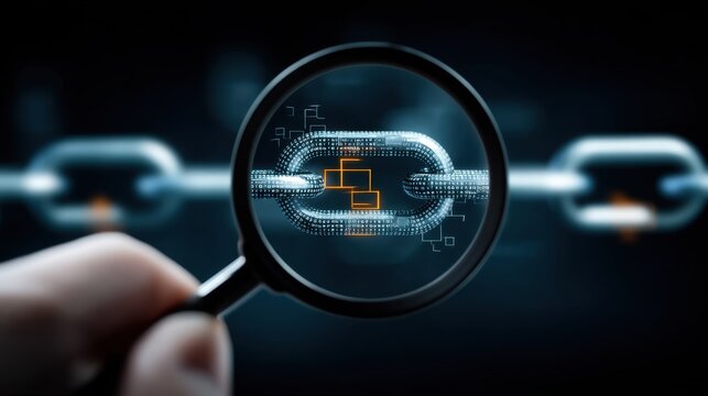 Magnifying Glass Hovers Over Digital Link Chain with Abstract Technology Elements and Geometric Shapes