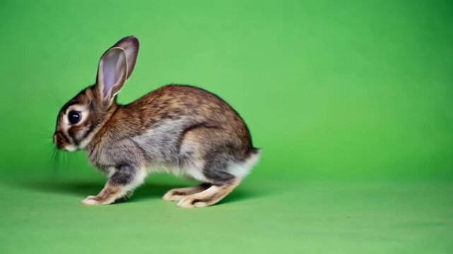 Adorable brown rabbit sitting on green background