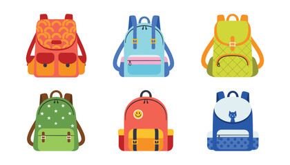 Set of colorful school backpacks and rucksacks in flat vector style featuring various patterns like stars and cats for education and travel. © MdEmdadul