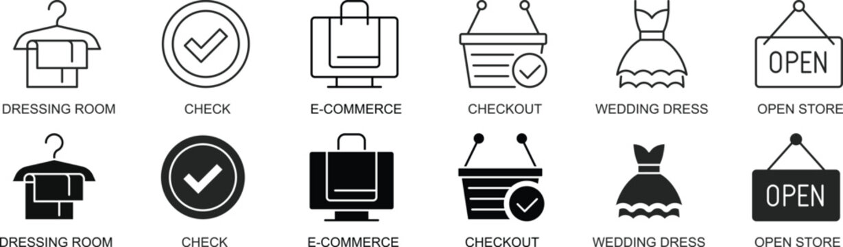 Fashion Shopping Icons Set, Dressing Room Checkout Ecommerce Line Vector Collection