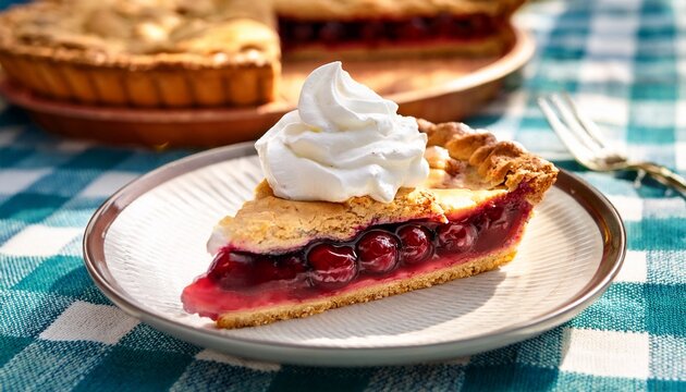 Delicious Slice Of Homemade Cherry Pie With Whipped Cream On A Picnic Tablecloth