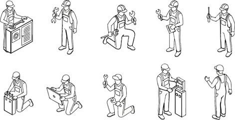 Fototapeta premium Collection of isometric line art workers in overalls with tools and equipment