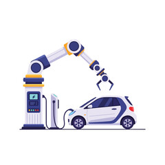 Naklejka premium A cartoon robotic arm charges a white electric car at a futuristic station with a clean and modern design against a plain background.