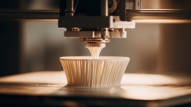 3D printer nozzle layering filament on a partially finished object captured in mid-motion Lighting accentuates texture and precision