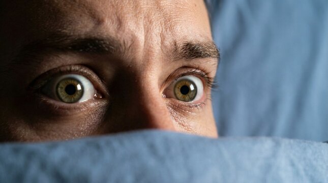 Scared man peeking from blanket on April Fools&rsquo; Day