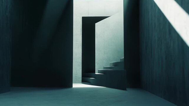 Minimalist architecture featuring a concrete brutalist interior with strong light and shadow creating a moody and surreal empty space, suggesting a path to a new beginning or a conceptual journey