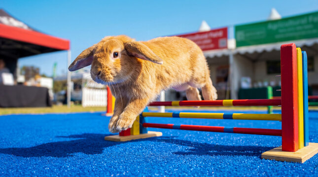 Holland Lop rabbit performs agility jump at agricultural fair for pet show promotions, small animal education, hobby websites, and competition awareness