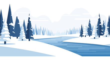 A serene winter landscape featuring snow covered trees and a winding river presented as a silhouette on transparent background high quality professional © mrvect02
