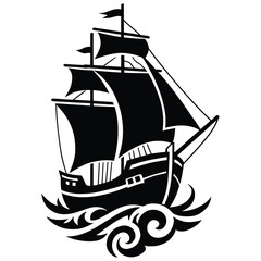 Black Silhouette of a Sailing Ship on Ocean Waves © Md