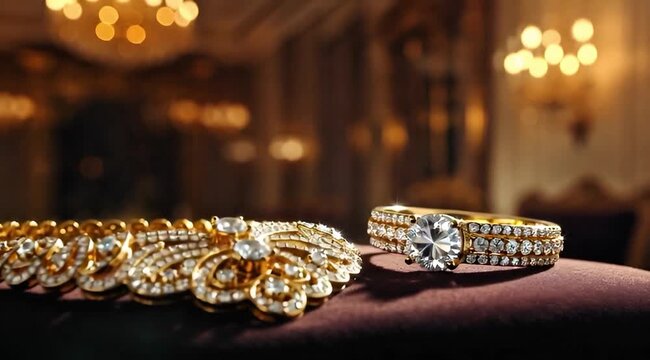 Gold and diamond's jewelry. Jewelery. Necklace and bracelet/bangle. Ring.