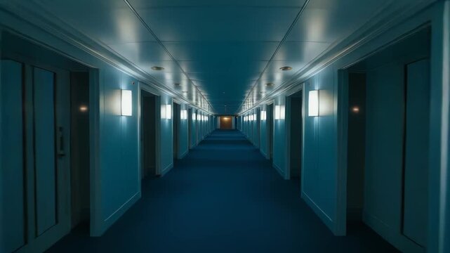 Illuminated hotel corridor leading to a distant light, creating a strong vanishing point perspective with numerous doors lining the structured blue internal pathway