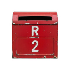 Vintage red mailbox labeled with r2 identifier on a white background
