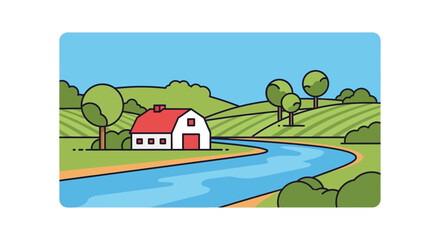 A charming countryside landscape with a red barn winding river and rolling hills presented as a silhouette on transparent background © mrvect02