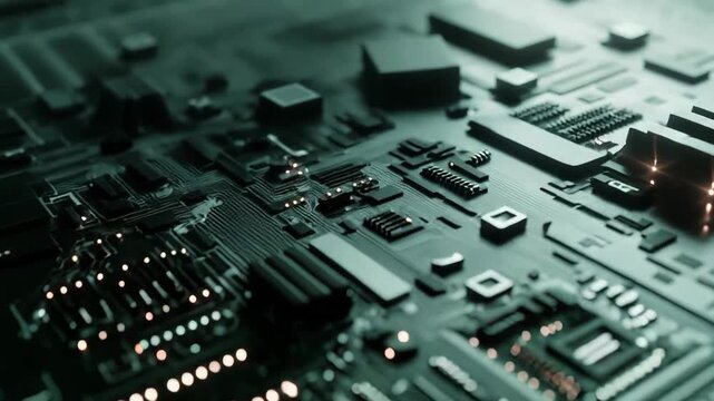 Circuit board displaying intricate electronic components and glowing connections, symbolizing advanced computing, artificial intelligence, and cutting edge technology infrastructure