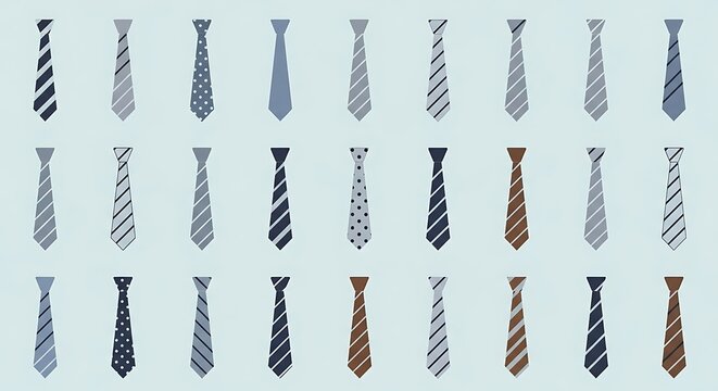 Collection of neckties in various patterns and colors, flat design vector illustration