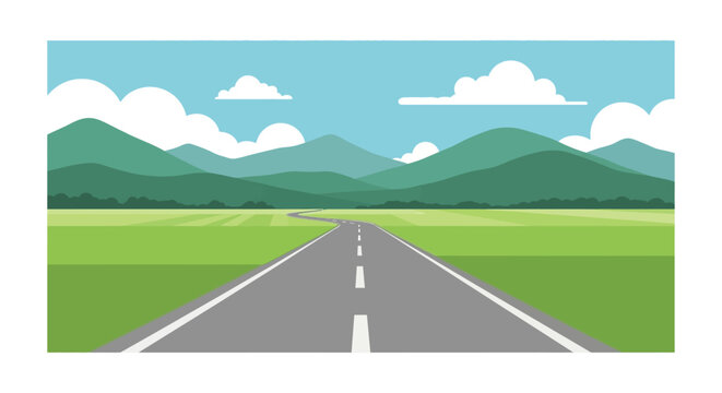 A scenic country road winds through green hills and under a blue sky with fluffy clouds on transparent background silhouette