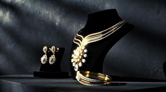Gold and diamond's Jewelry items view showing. Necklace, Earrings and bracelet, bangle with Jewelry Holder/Stand.