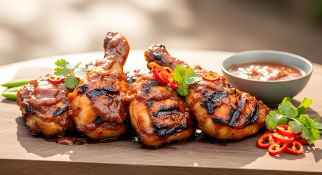 Grilled ayam percik glazed in spicy coconut sauce, served with chili slices and herbs on wooden board in natural light.