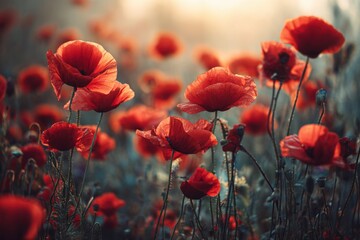 Fototapeta premium Bright red poppies grow in a vast field as the sun sets, casting warm light. The flowers sway gently in the breeze, showing their beauty and fullness in the soft evening glow