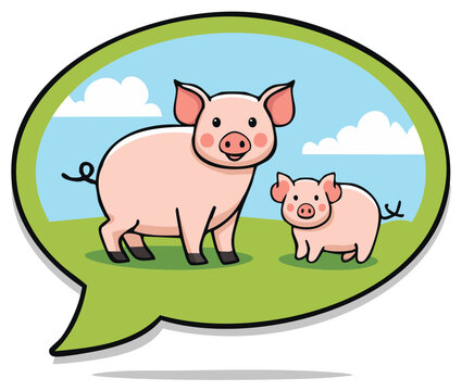 Cartoon Pigs Family in Green Speech Bubble on Meadow with Blue Sky Background
