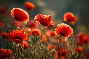 Obraz premium Bright red poppies grow in a vast field as the sun sets, casting warm light. The flowers sway gently in the breeze, showing their beauty and fullness in the soft evening glow