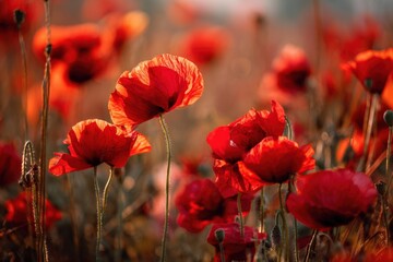Naklejka premium Bright red poppies grow in a vast field as the sun sets, casting warm light. The flowers sway gently in the breeze, showing their beauty and fullness in the soft evening glow