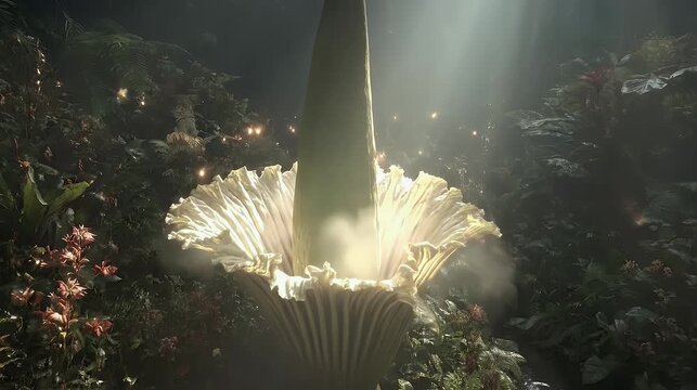 Dramatic blooming corpse flower in lush green rainforest setting with sunlit background revealing textured petals and exotic foliage