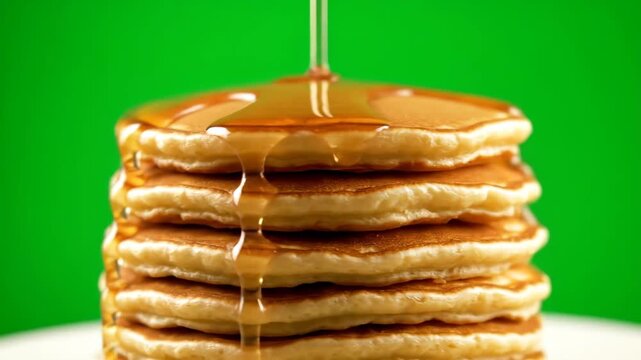 Close-up shot of a tall stack of fluffy, golden pancakes being drenched in rich, golden maple syrup. Perfect for breakfast and food-related content.