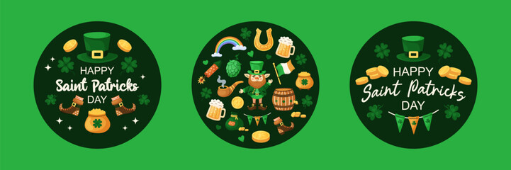 3 Round Saint Patrick Day web banners on dark green background. Holiday greeting card. Hand drawn vector illustration. © plaksik13