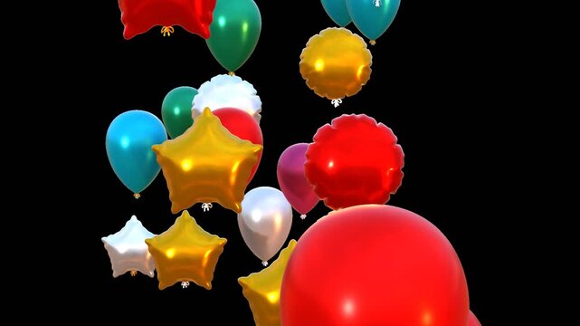 3d animation of multi-colored balloons flying upwards, birthday or anniversary celebration concept. Video with alpha channel