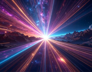 Bright light streaks emanate from a central point amid a landscape under a star-filled sky