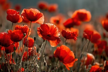 Naklejka premium Bright red poppies grow in a vast field as the sun sets, casting warm light. The flowers sway gently in the breeze, showing their beauty and fullness in the soft evening glow