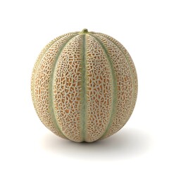 Ripe cantaloupe melon with textured skin and natural green stem.
