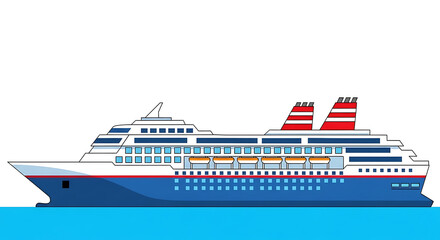 Obraz premium Luxurious cruise ship sailing on calm waters with multiple decks and red funnels, viewed from the side