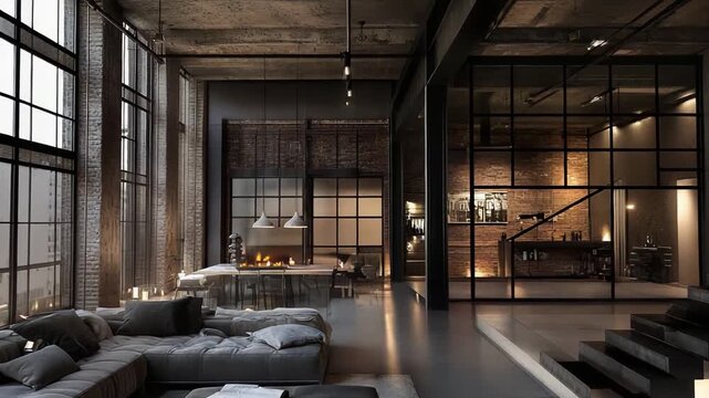 Industrial loft interior with open plan living and dining areas, long sectional sofa, exposed brick, concrete finishes and large windows for a modern, minimalist urban atmosphere
