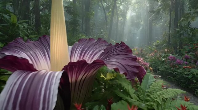 Dramatic close up of corpse flower in lush tropical garden with vibrant purple petals and yellow stamen surrounded by exotic plants in diffused sunlight