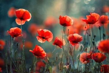 Obraz premium Bright red poppies grow in a vast field as the sun sets, casting warm light. The flowers sway gently in the breeze, showing their beauty and fullness in the soft evening glow