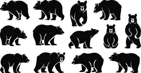 Fototapeta premium Black bear silhouettes in multiple poses including walking, sitting, and standing upright, stylized vector illustration representing wildlife, animal behavior, and nature design elements.