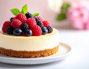 A cheesecake topped with mixed berries on a white plate against a soft pink background with flowers.