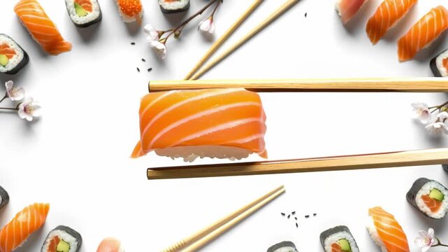 Enjoying sushi with chopsticks in a simple layout surrounded by colorful rolls