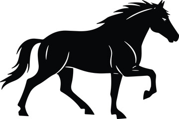 Horse silhouette illustration, dynamic trotting pose with flowing mane and tail, black vector design for nature, animal, equestrian artwork © MSTIRIN