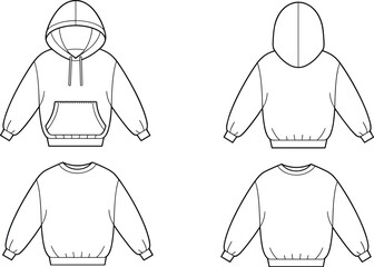Technical Fashion Flat Sketch of Oversized Hoodie and Crewneck Sweatshirt, Casual Drop Shoulder Pullover Front and Back View Vector Template for Apparel Design Mockup © Mahmud's World