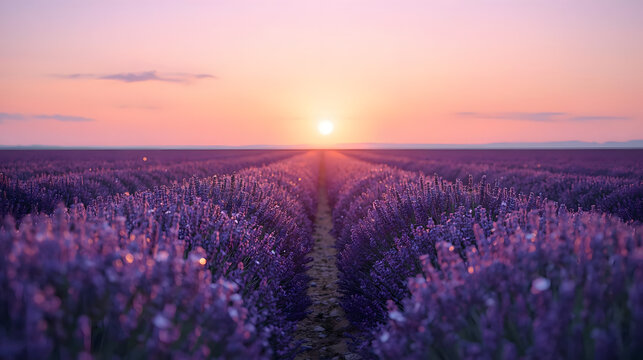 
Gemini said
A breathtaking sunset glows over a vast lavender field, casting a warm golden light across endless purple rows that stretch toward the horizon.