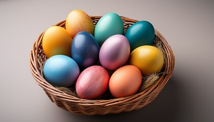 Colorful Easter Eggs Arranged In A Basket On Neutral Background